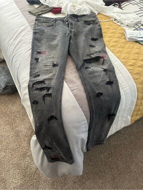 Ksubi Mens Slim Straight Distressed Grey Jeans with Paint Accents